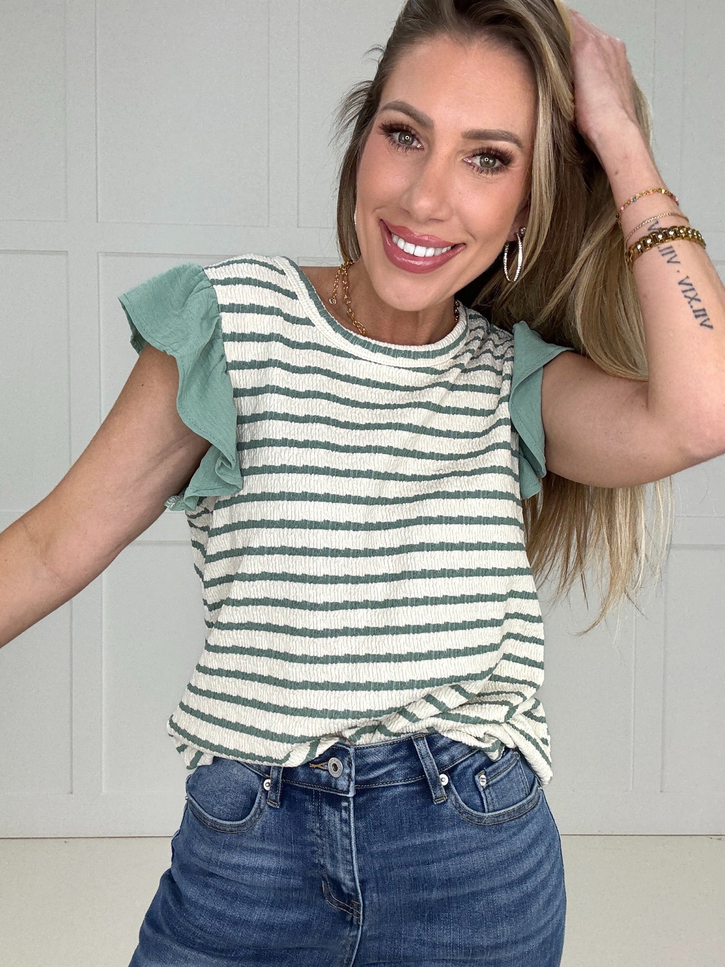 Sage Stripe Sweetheart Top-100 Short Sleeves- Simply Simpson's Boutique is a Women's Online Fashion Boutique Located in Jupiter, Florida