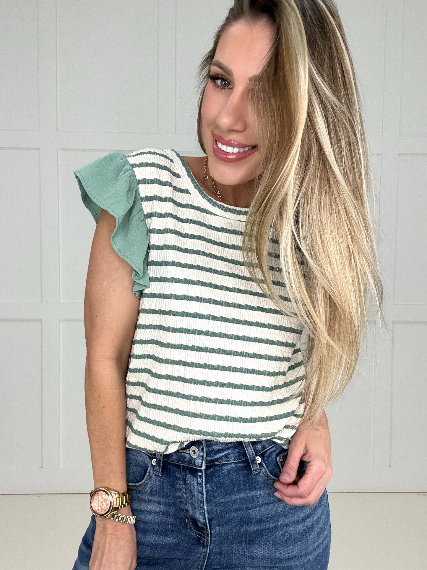 Sage Stripe Sweetheart Top-100 Short Sleeves- Simply Simpson's Boutique is a Women's Online Fashion Boutique Located in Jupiter, Florida