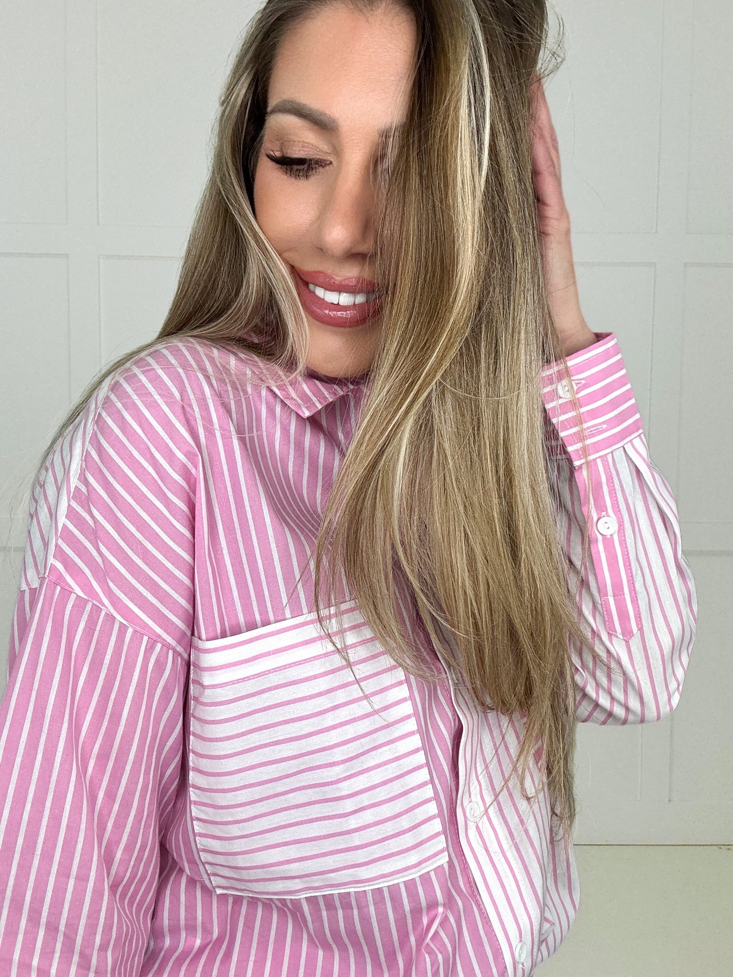 Pretty In Pink Button Down Top-110 Long Sleeves- Simply Simpson's Boutique is a Women's Online Fashion Boutique Located in Jupiter, Florida