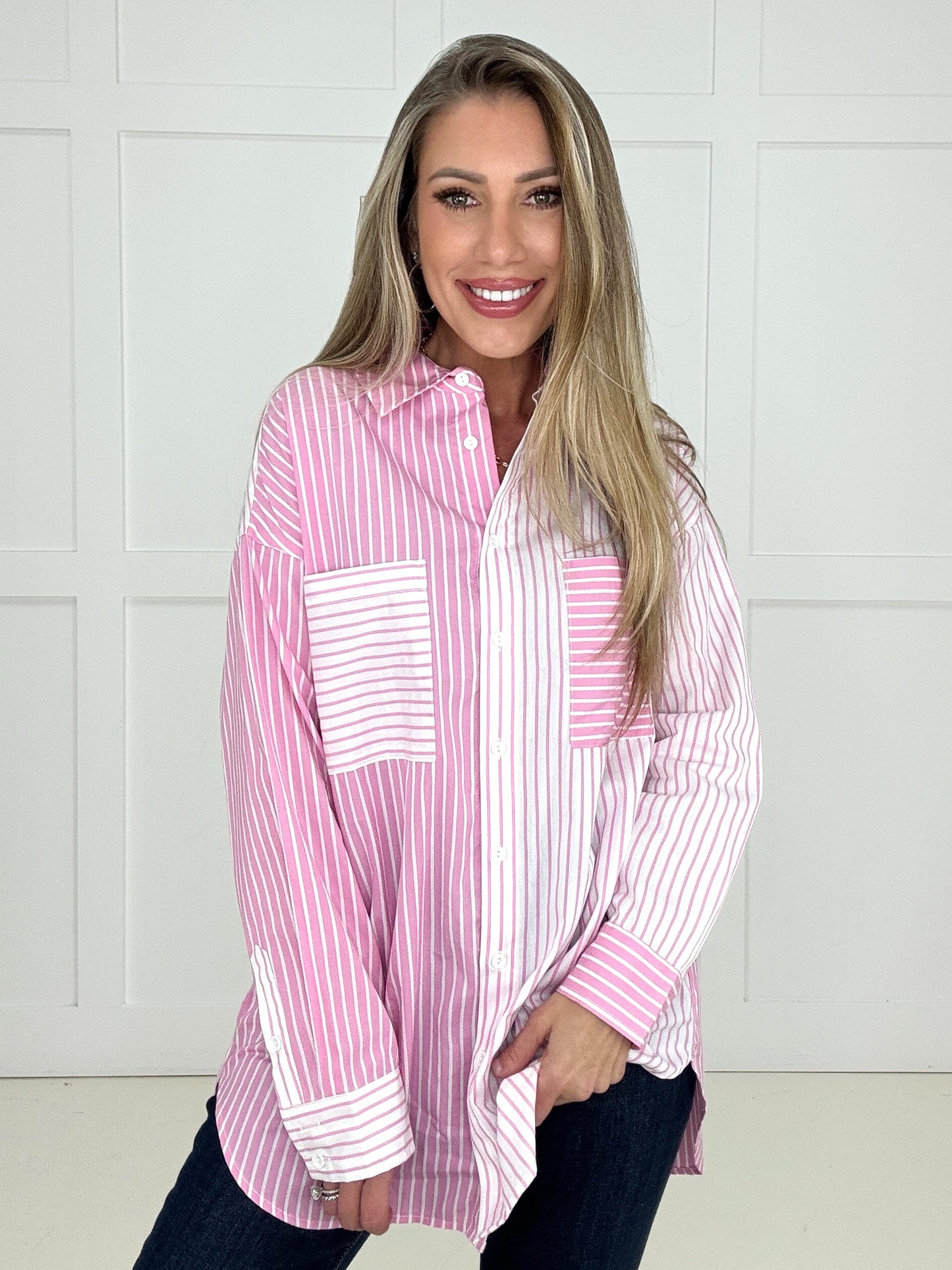 Pretty In Pink Button Down Top-110 Long Sleeves- Simply Simpson's Boutique is a Women's Online Fashion Boutique Located in Jupiter, Florida