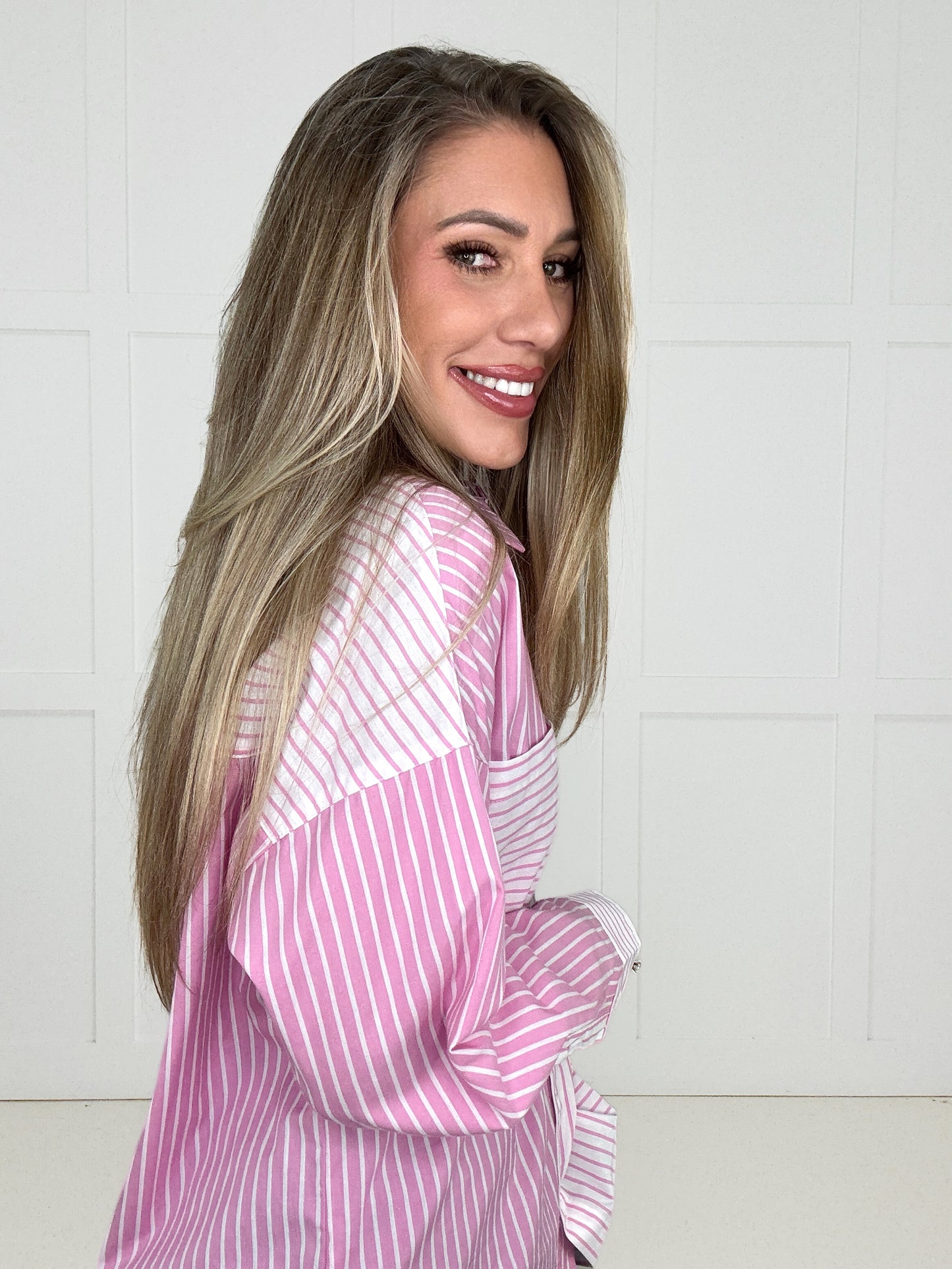 Pretty In Pink Button Down Top-110 Long Sleeves- Simply Simpson's Boutique is a Women's Online Fashion Boutique Located in Jupiter, Florida