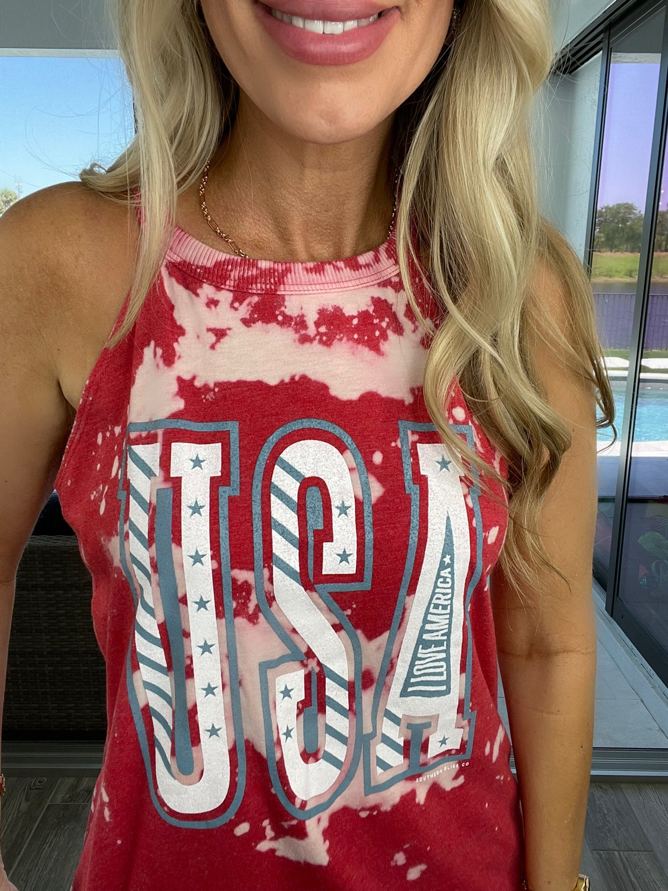 USA Bleach Splatter Tank-120 Sleeveless- Simply Simpson's Boutique is a Women's Online Fashion Boutique Located in Jupiter, Florida