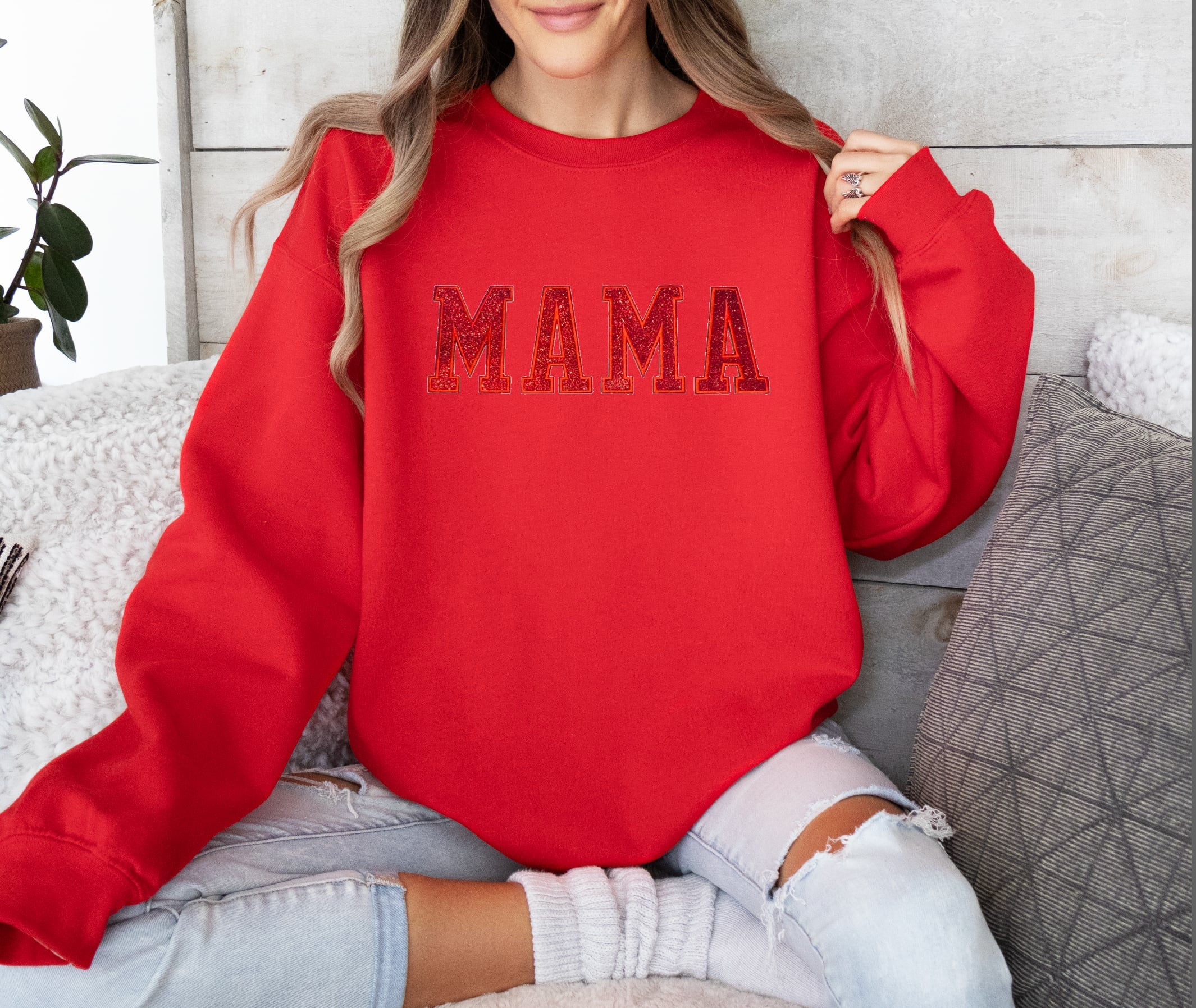 MAMA (RED GLITTER PATCH) RED Sweatshirt-Graphic Tee- Simply Simpson's Boutique is a Women's Online Fashion Boutique Located in Jupiter, Florida