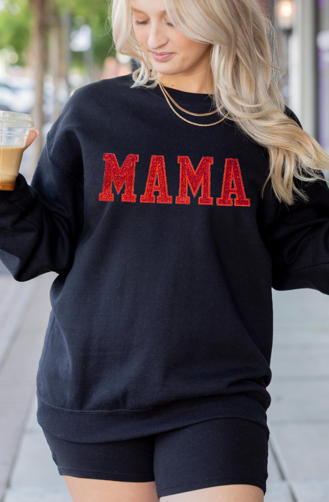 MAMA (RED GLITTER PATCH) Black Sweatshirt-Graphic Tee- Simply Simpson's Boutique is a Women's Online Fashion Boutique Located in Jupiter, Florida