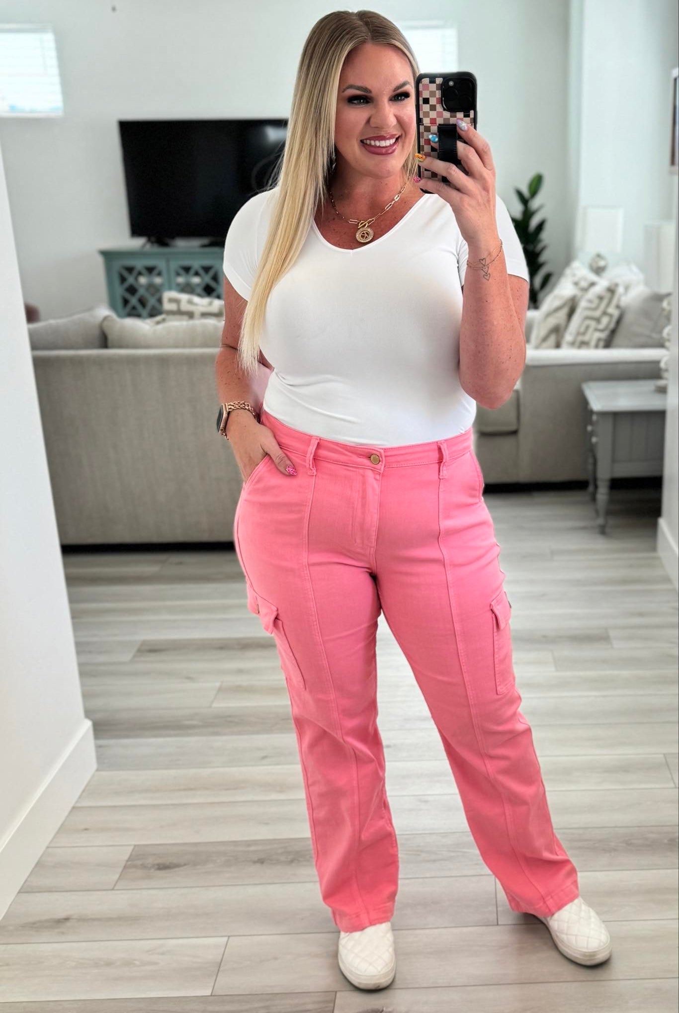 Judy Blue Pretty in Pink Cargo Jeans-200 Jeans- Simply Simpson's Boutique is a Women's Online Fashion Boutique Located in Jupiter, Florida