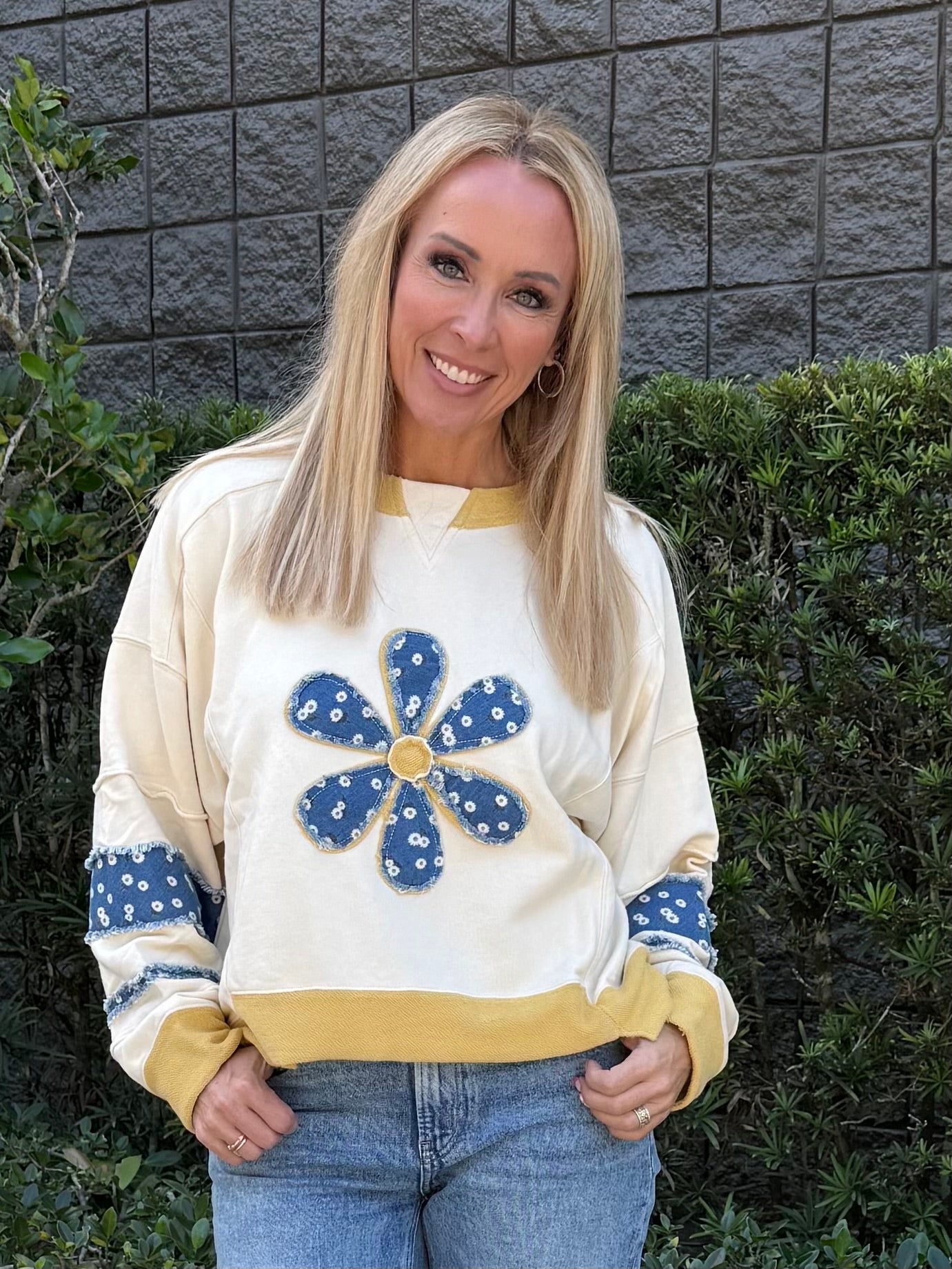 Daisy Denim Sweatshirt-160 Sweatshirts- Simply Simpson's Boutique is a Women's Online Fashion Boutique Located in Jupiter, Florida