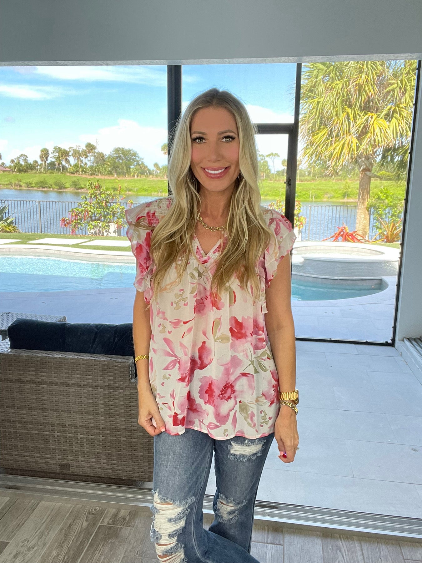 Floral Print Flutter Sleeve Top-100 Short Sleeves- Simply Simpson's Boutique is a Women's Online Fashion Boutique Located in Jupiter, Florida