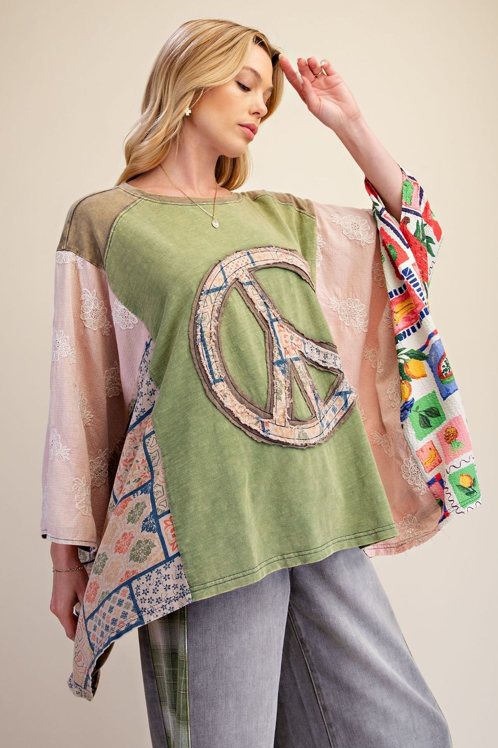 Sage Groovy Days Patchwork Peace Poncho Top-110 Long Sleeves- Simply Simpson's Boutique is a Women's Online Fashion Boutique Located in Jupiter, Florida