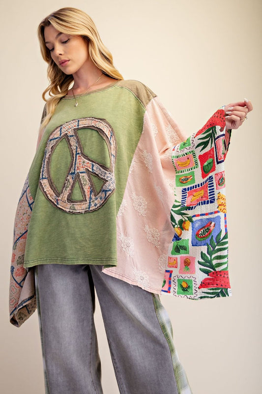Sage Groovy Days Patchwork Peace Poncho Top-110 Long Sleeves- Simply Simpson's Boutique is a Women's Online Fashion Boutique Located in Jupiter, Florida