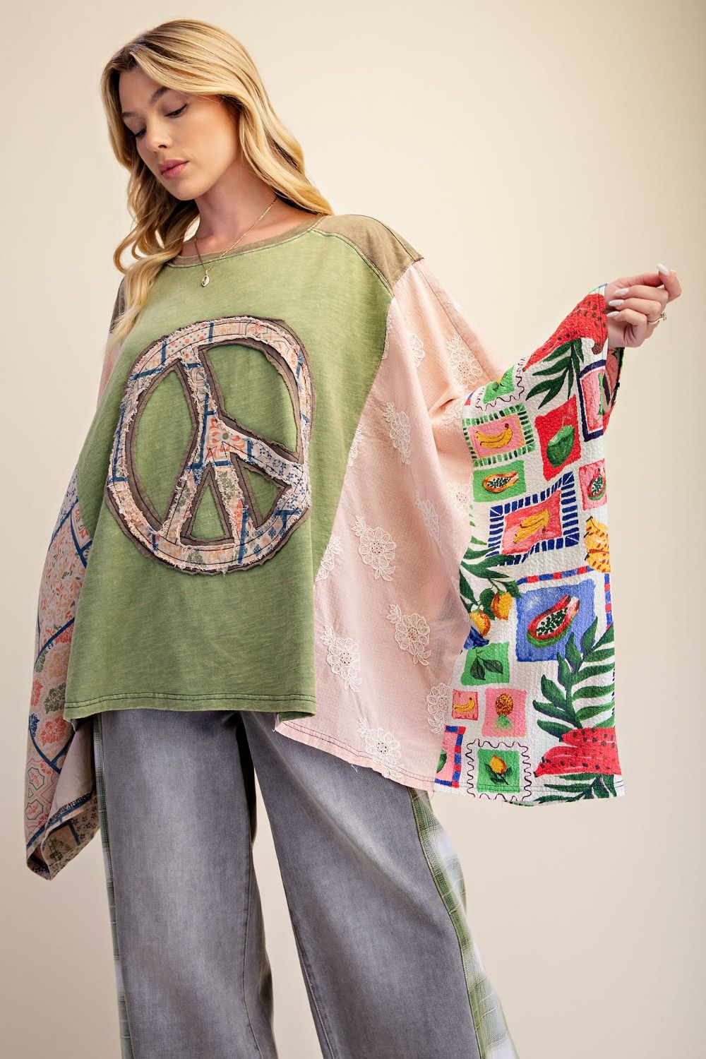 Sage Groovy Days Patchwork Peace Poncho Top-110 Long Sleeves- Simply Simpson's Boutique is a Women's Online Fashion Boutique Located in Jupiter, Florida