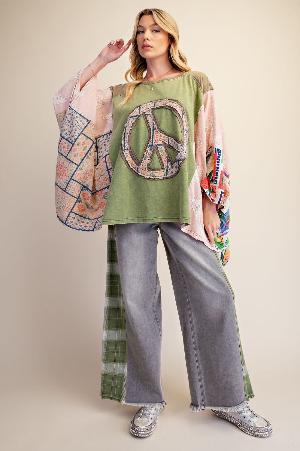 Sage Groovy Days Patchwork Peace Poncho Top-110 Long Sleeves- Simply Simpson's Boutique is a Women's Online Fashion Boutique Located in Jupiter, Florida