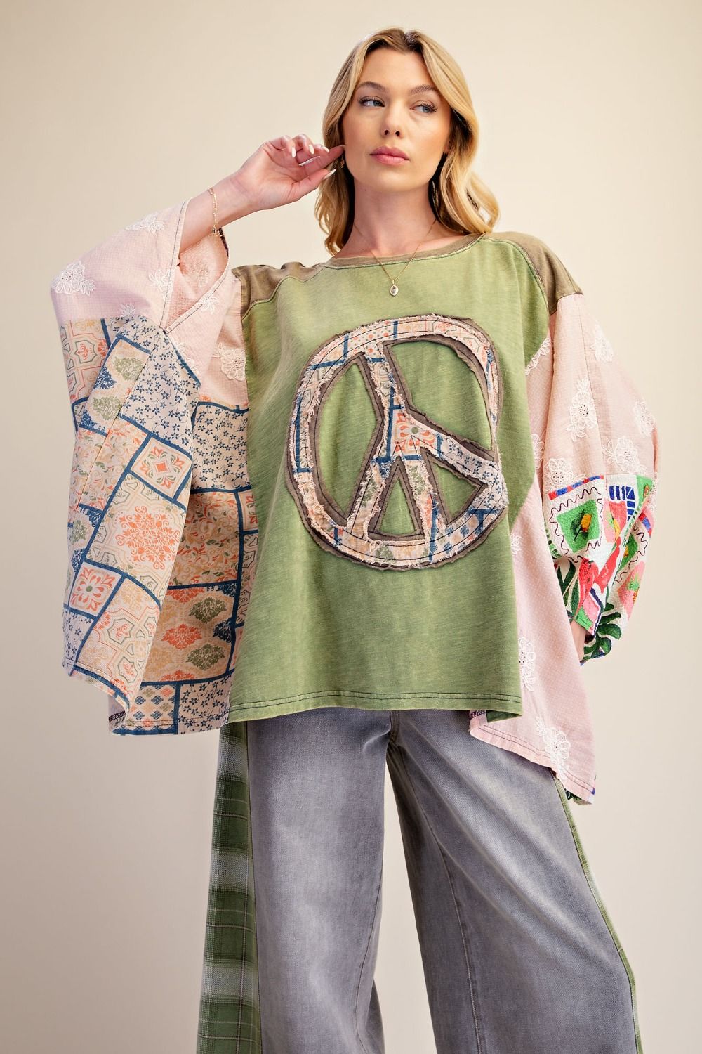 Sage Groovy Days Patchwork Peace Poncho Top-110 Long Sleeves- Simply Simpson's Boutique is a Women's Online Fashion Boutique Located in Jupiter, Florida