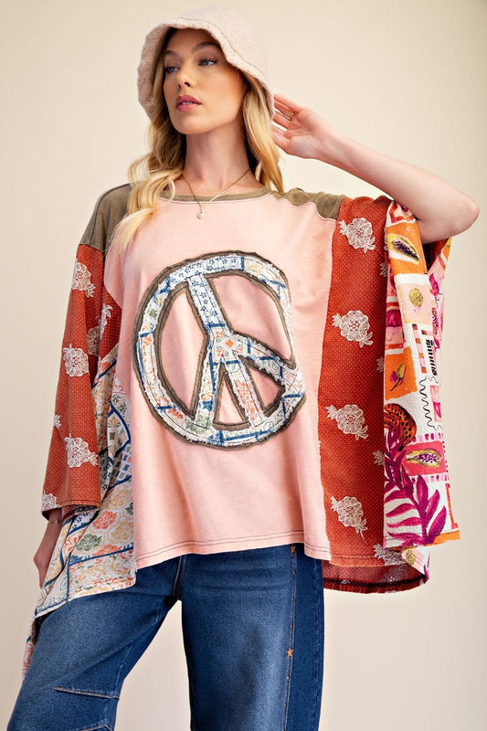 Peach Groovy Days Patchwork Peace Poncho Top-110 Long Sleeves- Simply Simpson's Boutique is a Women's Online Fashion Boutique Located in Jupiter, Florida