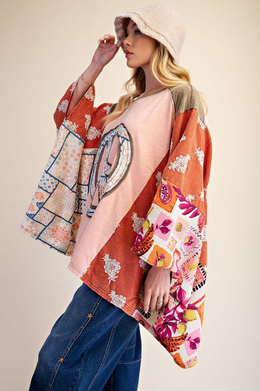 Peach Groovy Days Patchwork Peace Poncho Top-110 Long Sleeves- Simply Simpson's Boutique is a Women's Online Fashion Boutique Located in Jupiter, Florida