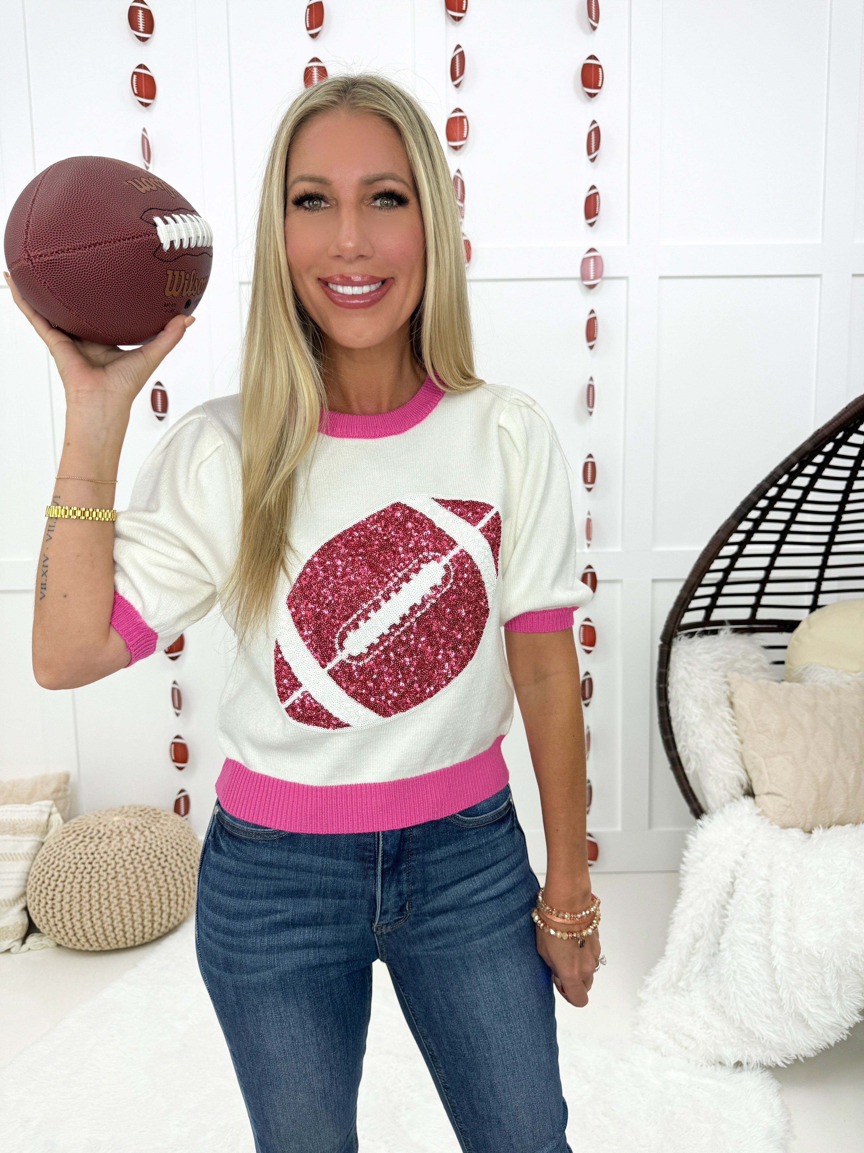 White/Pink Sequin Football Gameday Tee-100 Short Sleeves- Simply Simpson's Boutique is a Women's Online Fashion Boutique Located in Jupiter, Florida