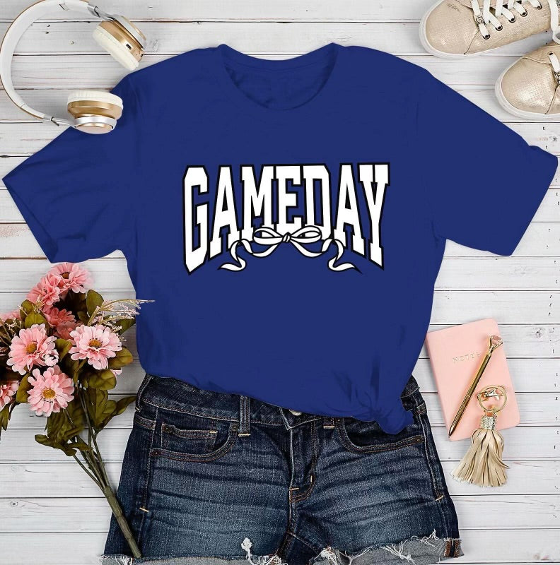 Blue/White Gameday Bow Graphic Tee-140 Graphic Tees- Simply Simpson's Boutique is a Women's Online Fashion Boutique Located in Jupiter, Florida