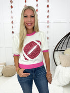 White/Pink Sequin Football Gameday Tee-100 Short Sleeves- Simply Simpson's Boutique is a Women's Online Fashion Boutique Located in Jupiter, Florida