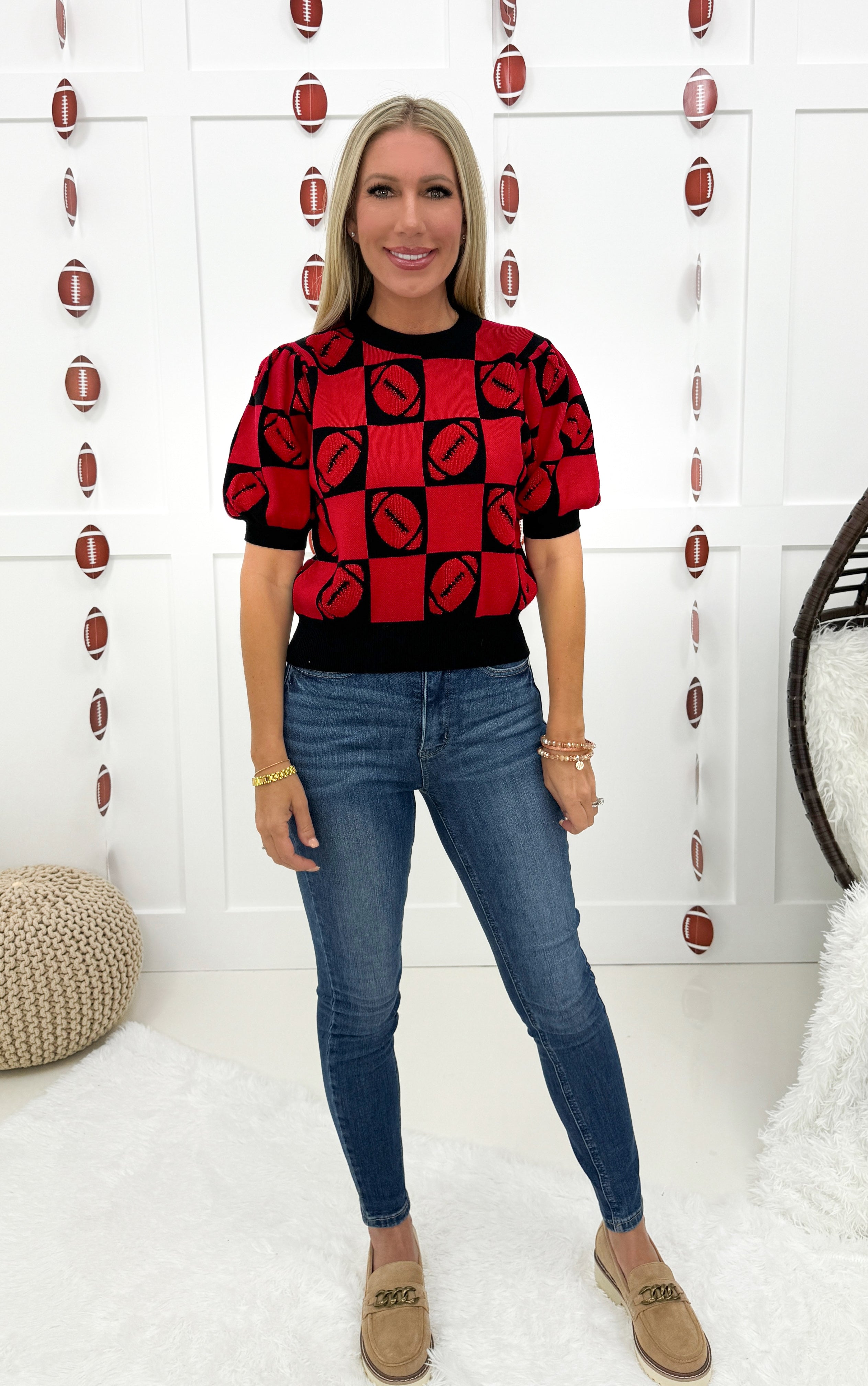 Red/Black Checkered Football Gameday Tee-100 Short Sleeves- Simply Simpson's Boutique is a Women's Online Fashion Boutique Located in Jupiter, Florida