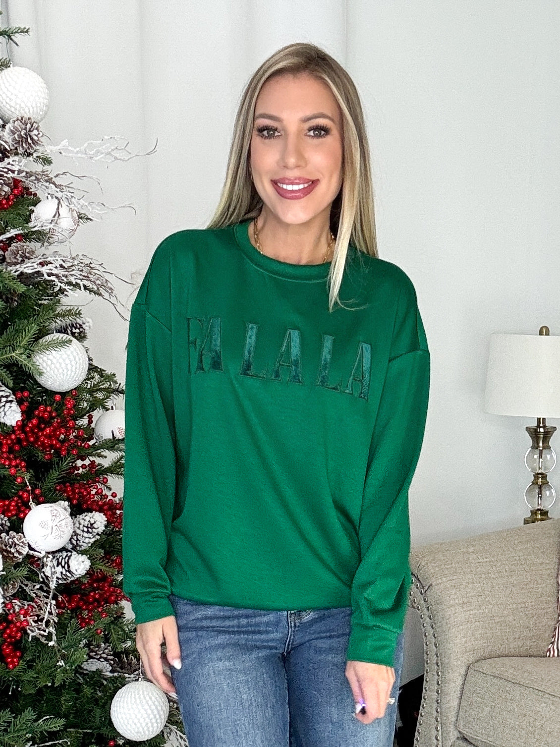 Fa La La Velvet Patch Luxe Pullover-160 Sweatshirts- Simply Simpson's Boutique is a Women's Online Fashion Boutique Located in Jupiter, Florida