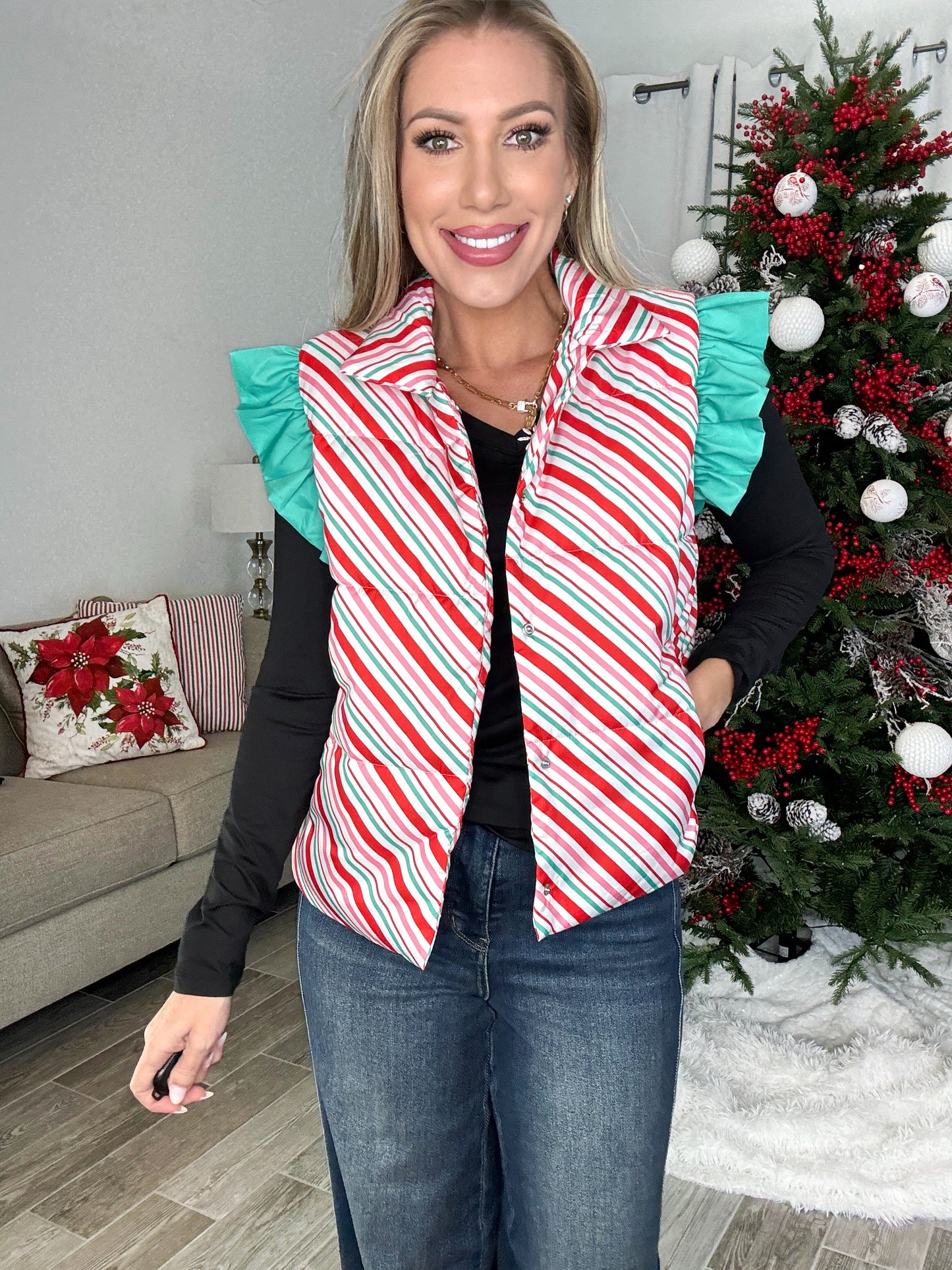 Candy Stripe Puffer Vest-180 Outerwear- Simply Simpson's Boutique is a Women's Online Fashion Boutique Located in Jupiter, Florida