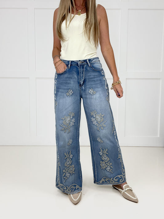 Wildflower Scroll Wide Leg Jeans-200 Jeans- Simply Simpson's Boutique is a Women's Online Fashion Boutique Located in Jupiter, Florida