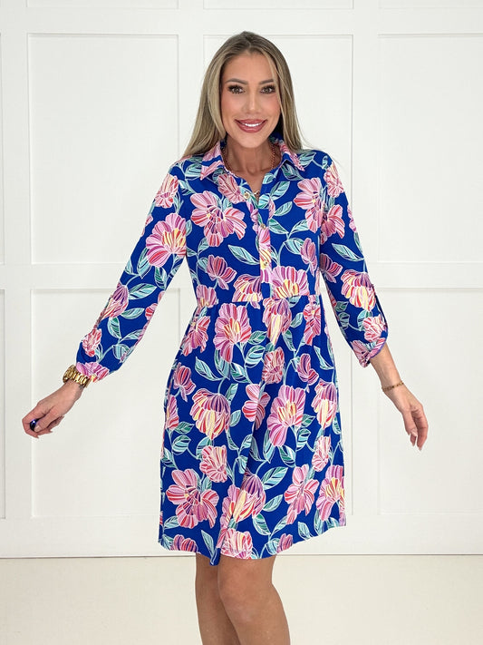Dear Scarlett Blue Garden 3/4 Sleeve Dress-240 Dresses- Simply Simpson's Boutique is a Women's Online Fashion Boutique Located in Jupiter, Florida
