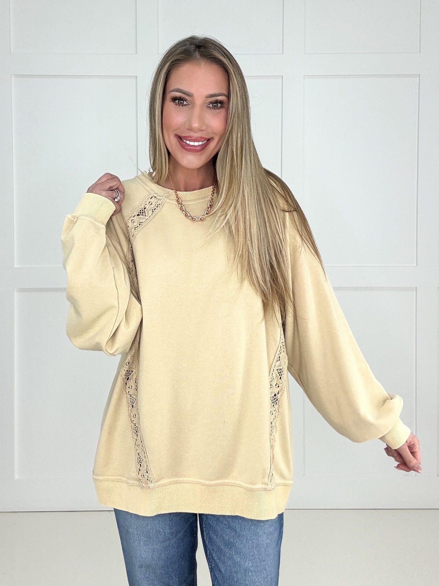 The Ever After Cream Lace Trimmed Pullover-100 Short Sleeves- Simply Simpson's Boutique is a Women's Online Fashion Boutique Located in Jupiter, Florida