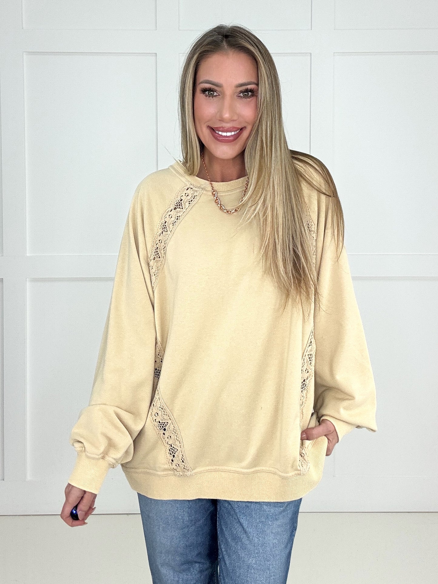 The Ever After Cream Lace Trimmed Pullover-100 Short Sleeves- Simply Simpson's Boutique is a Women's Online Fashion Boutique Located in Jupiter, Florida