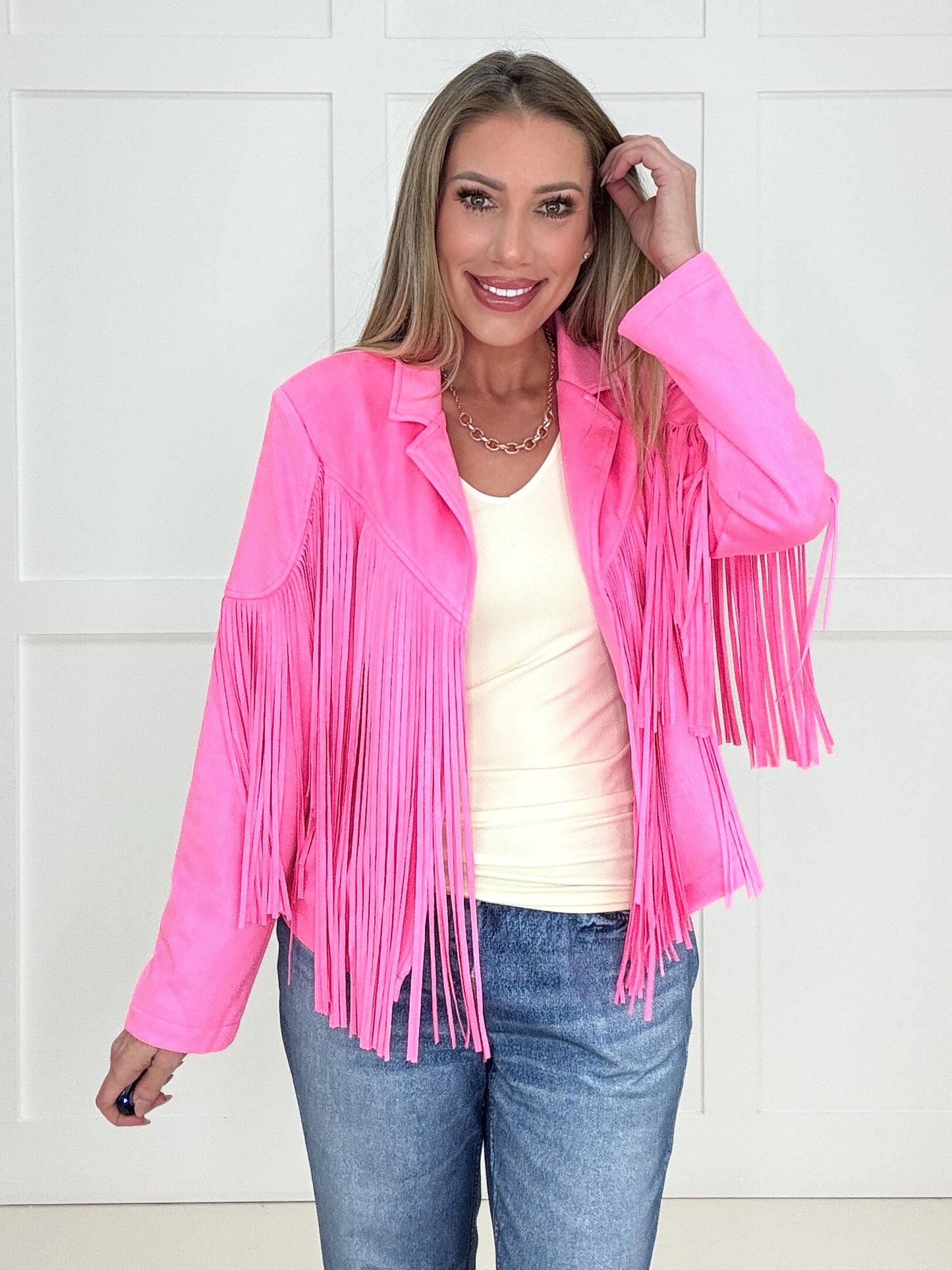 Deluxe Fringe Pink Suede Jacket-180 Outerwear/Jackets- Simply Simpson's Boutique is a Women's Online Fashion Boutique Located in Jupiter, Florida