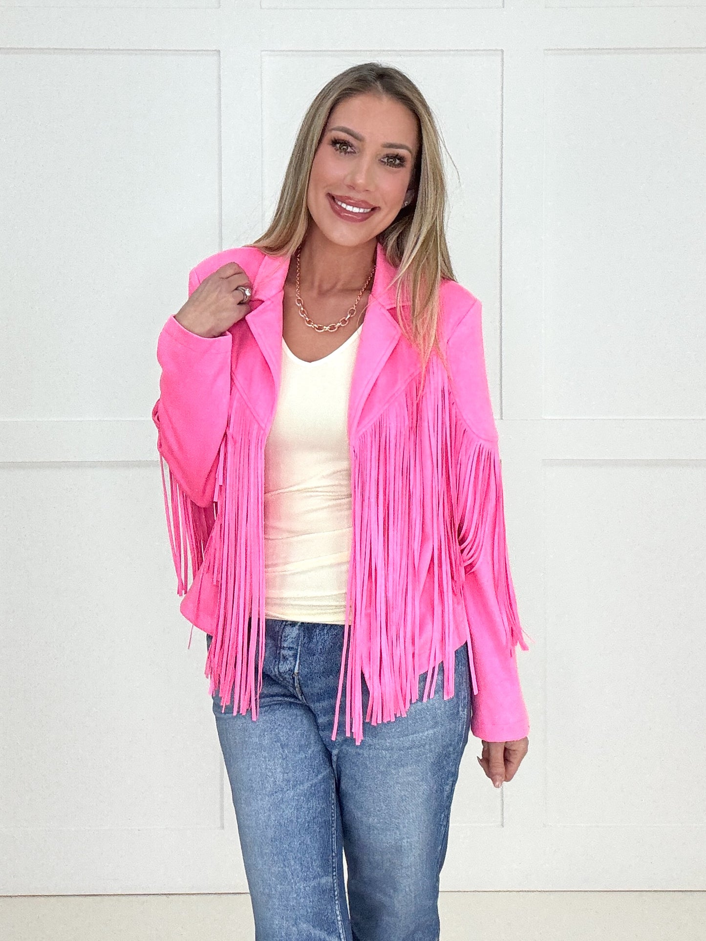 Deluxe Fringe Pink Suede Jacket-180 Outerwear/Jackets- Simply Simpson's Boutique is a Women's Online Fashion Boutique Located in Jupiter, Florida
