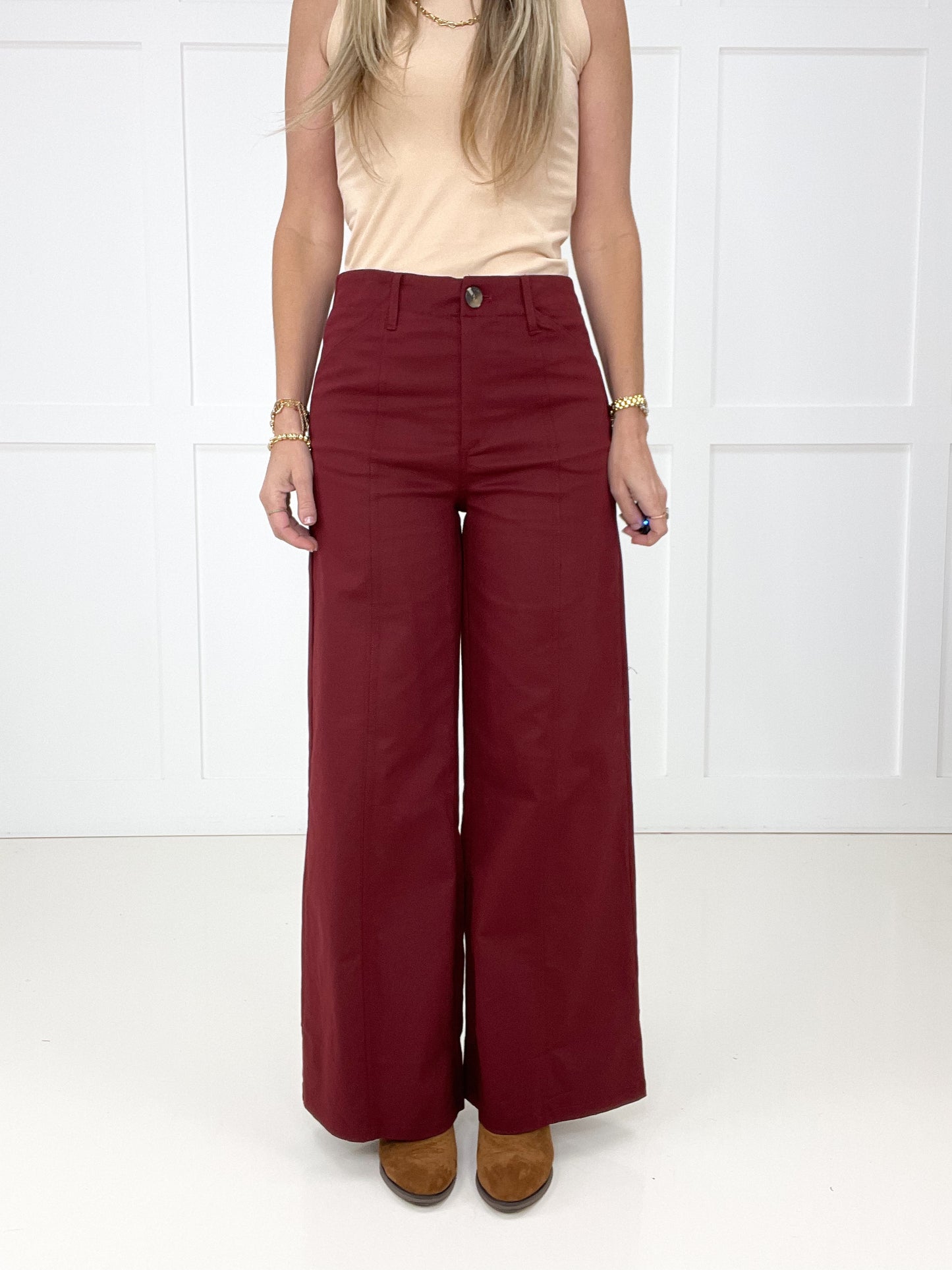 Burgundy Polished Perspective Wide Leg Pants-210 Other Bottoms- Simply Simpson's Boutique is a Women's Online Fashion Boutique Located in Jupiter, Florida