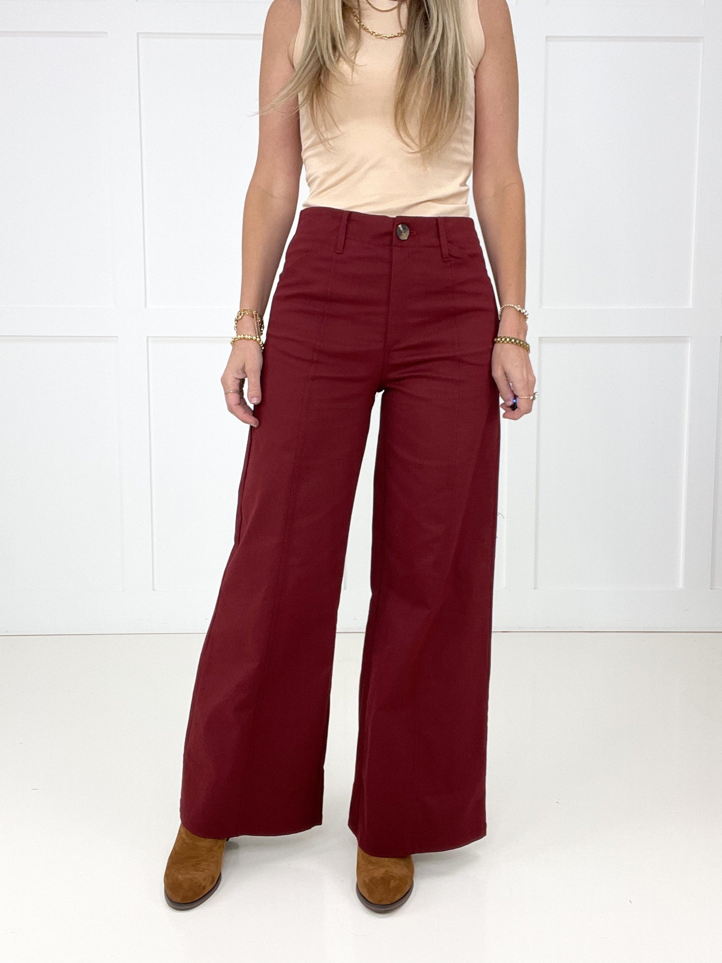 Burgundy Polished Perspective Wide Leg Pants-210 Other Bottoms- Simply Simpson's Boutique is a Women's Online Fashion Boutique Located in Jupiter, Florida