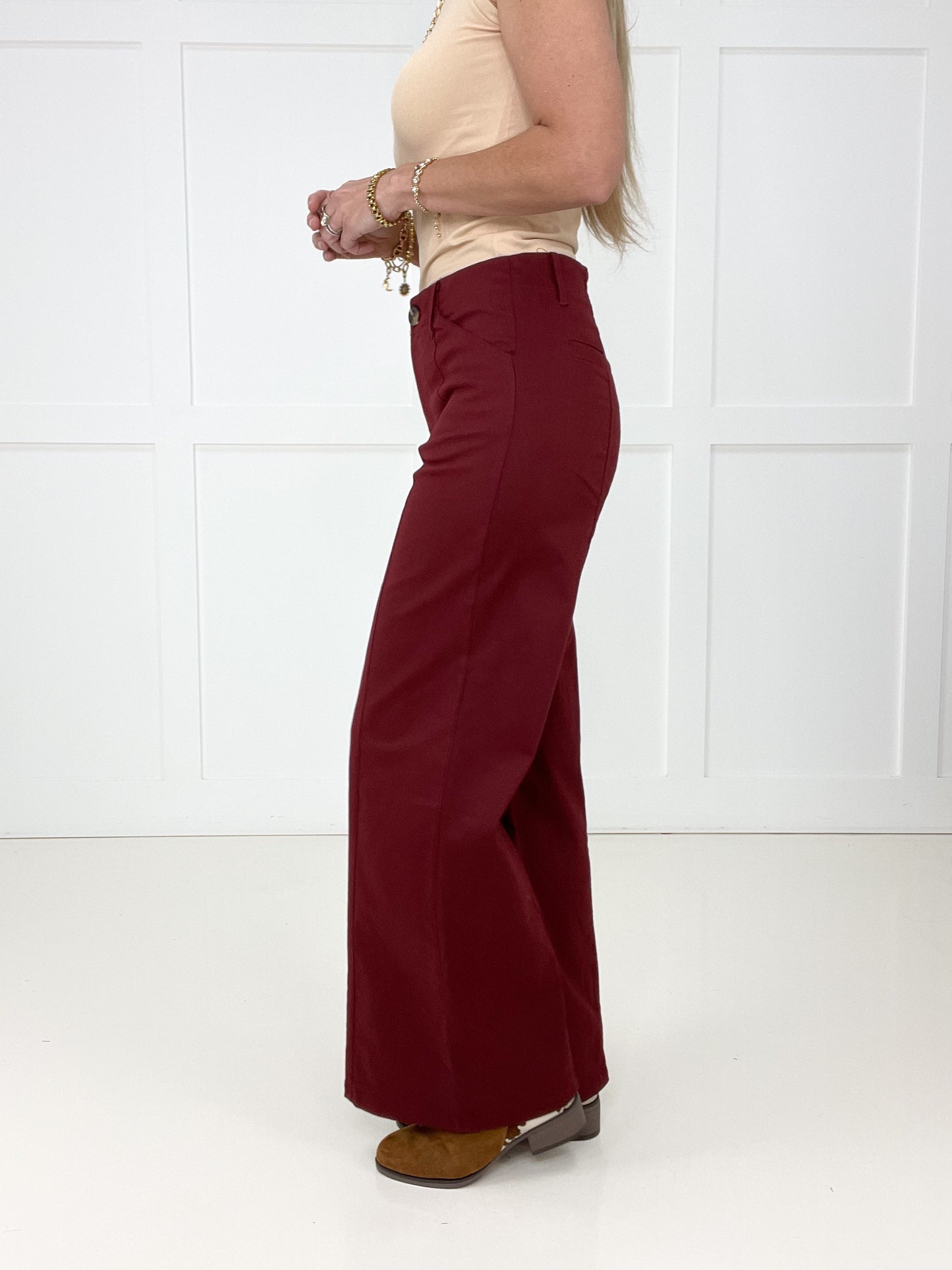 Burgundy Polished Perspective Wide Leg Pants-210 Other Bottoms- Simply Simpson's Boutique is a Women's Online Fashion Boutique Located in Jupiter, Florida