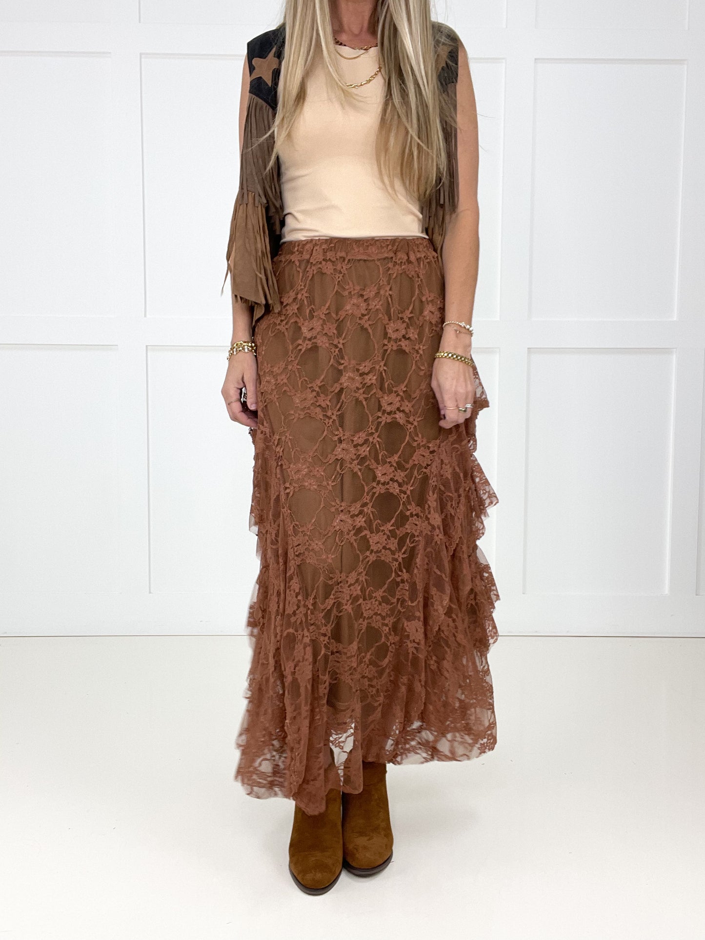 Mocha Layla Lace Layered Skirt-240 Dresses- Simply Simpson's Boutique is a Women's Online Fashion Boutique Located in Jupiter, Florida