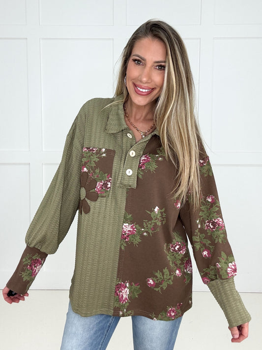 Olive Orchard Patchwork Top-110 Long Sleeves- Simply Simpson's Boutique is a Women's Online Fashion Boutique Located in Jupiter, Florida