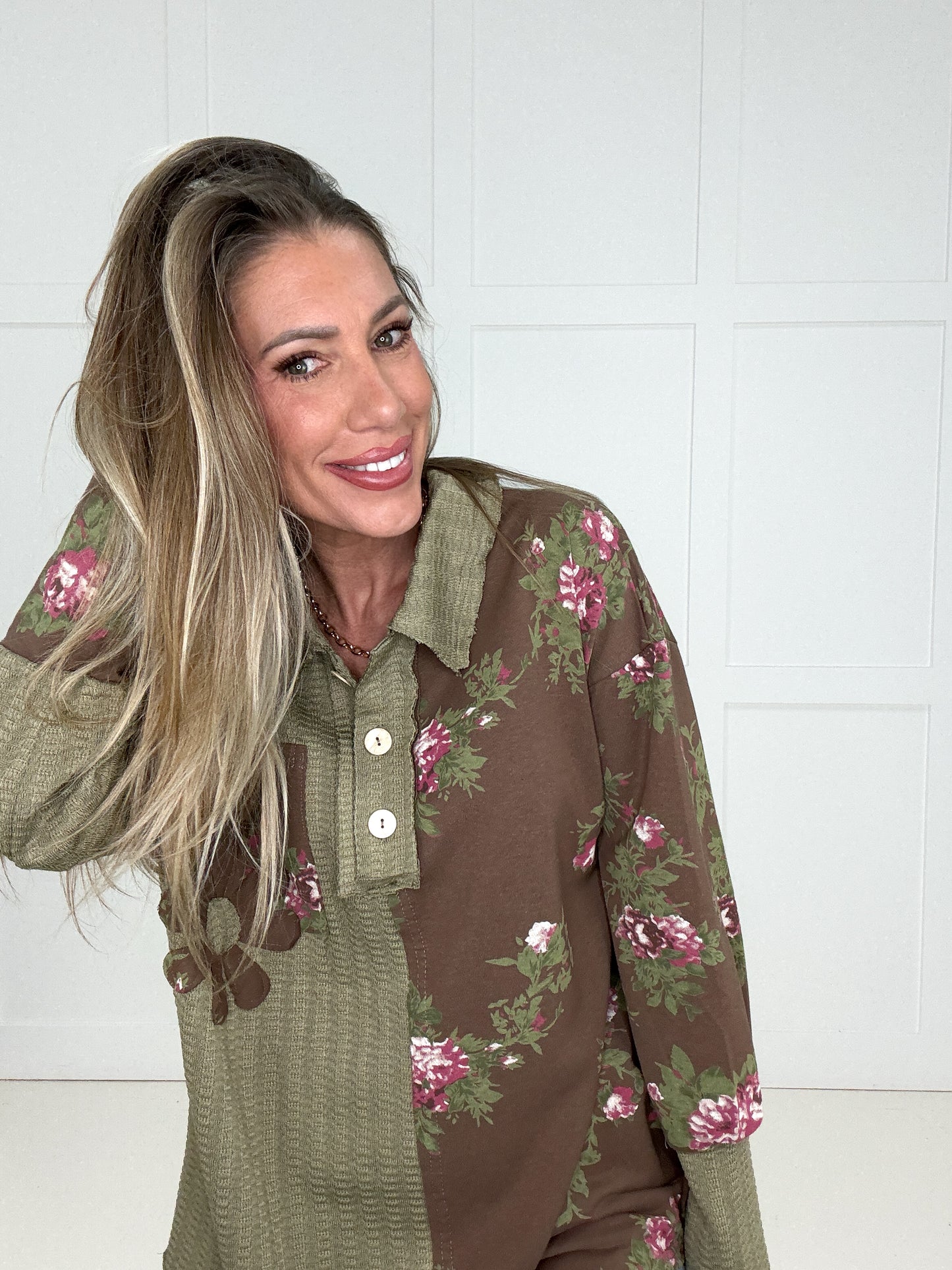 Olive Orchard Patchwork Top-110 Long Sleeves- Simply Simpson's Boutique is a Women's Online Fashion Boutique Located in Jupiter, Florida