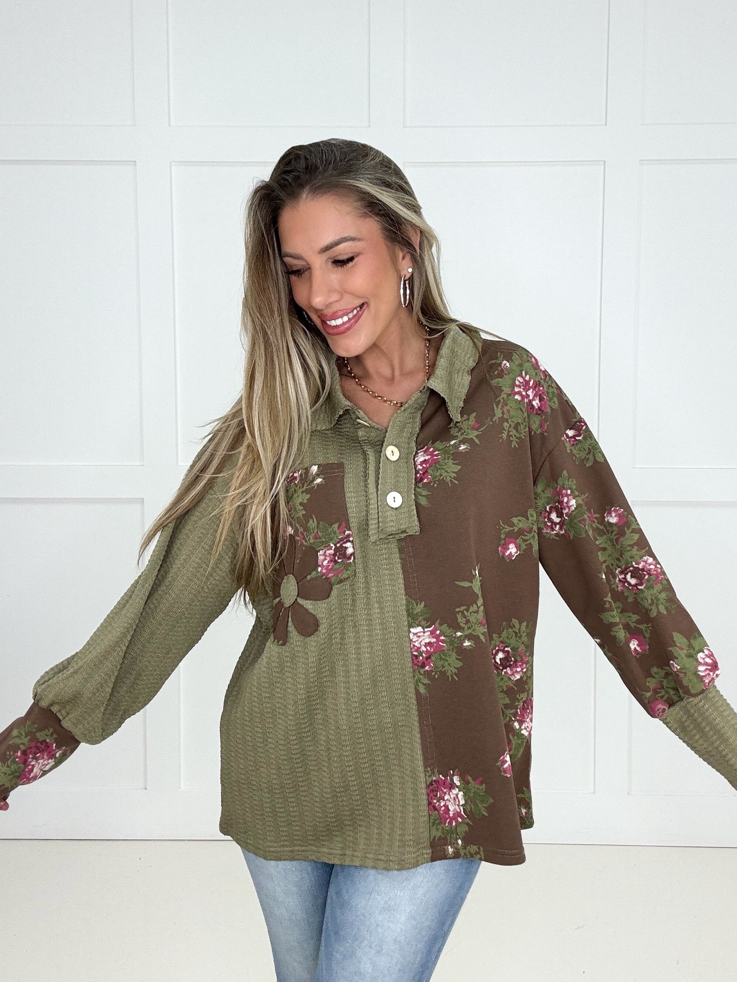 Olive Orchard Patchwork Top-110 Long Sleeves- Simply Simpson's Boutique is a Women's Online Fashion Boutique Located in Jupiter, Florida