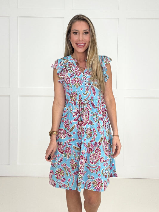 Dear Scarlett Aqua Paisley Tiered Flutter Sleeve Dress-240 Dresses- Simply Simpson's Boutique is a Women's Online Fashion Boutique Located in Jupiter, Florida