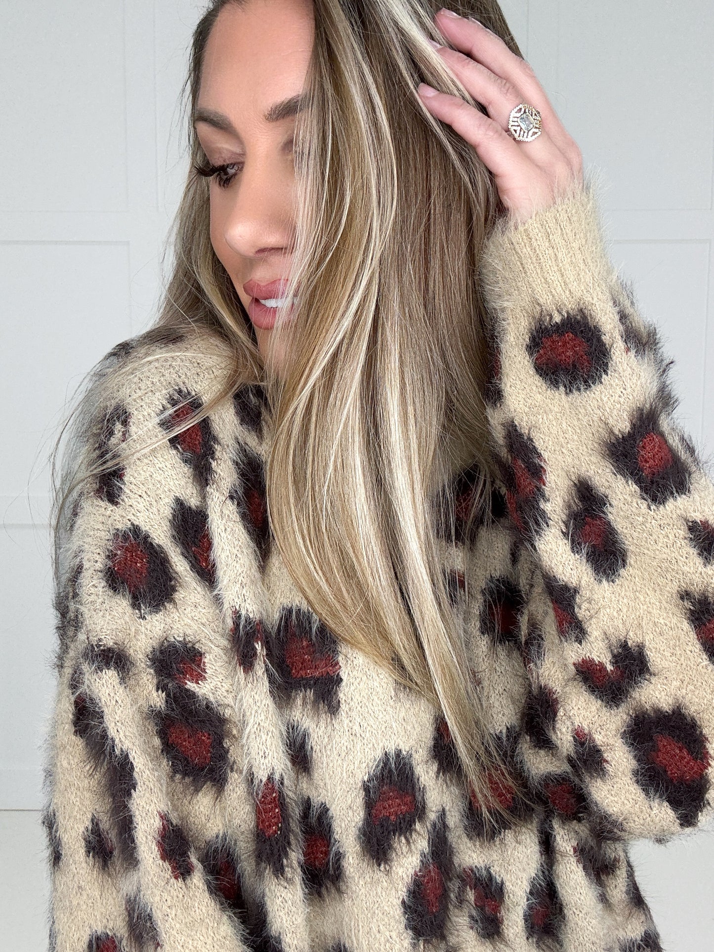 Taupe Fuzzy Leopard Sweater