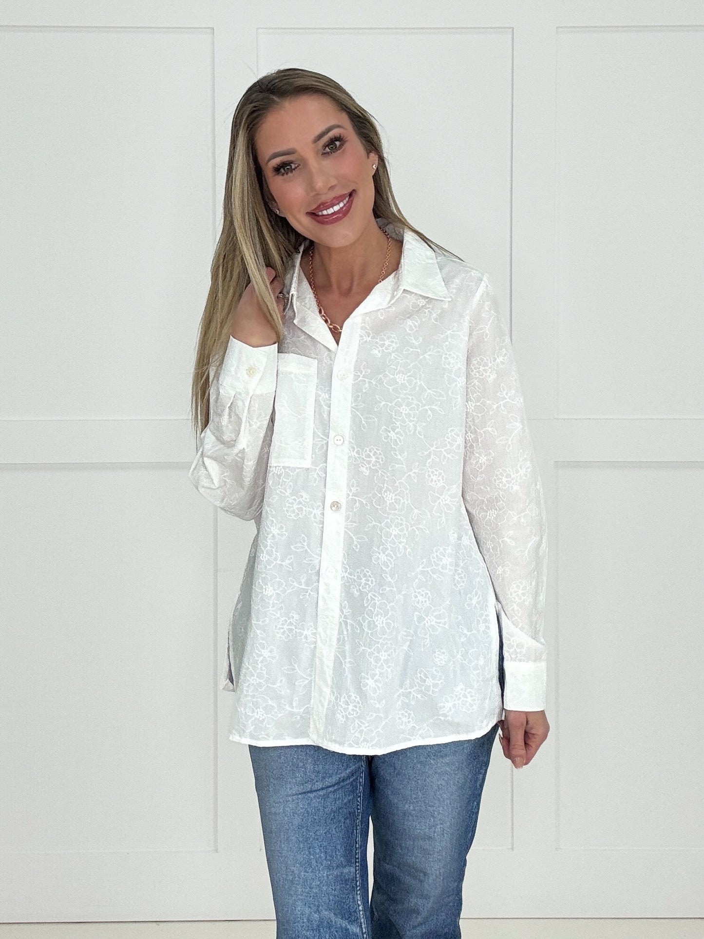 Dear Scarlett Ivory Whismy Button Down Blouse-110 Long Sleeves- Simply Simpson's Boutique is a Women's Online Fashion Boutique Located in Jupiter, Florida