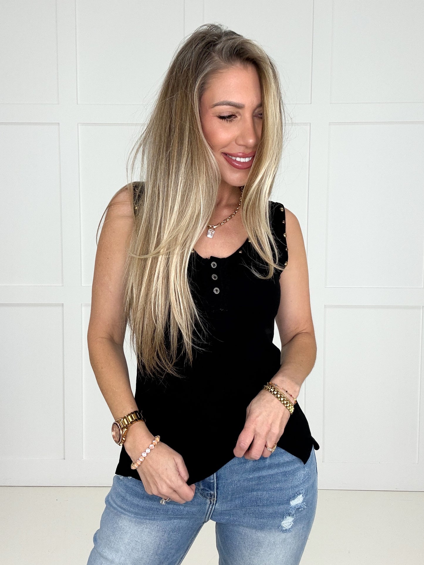 POL Black Everyday Studded Tank-120 Sleeveless- Simply Simpson's Boutique is a Women's Online Fashion Boutique Located in Jupiter, Florida