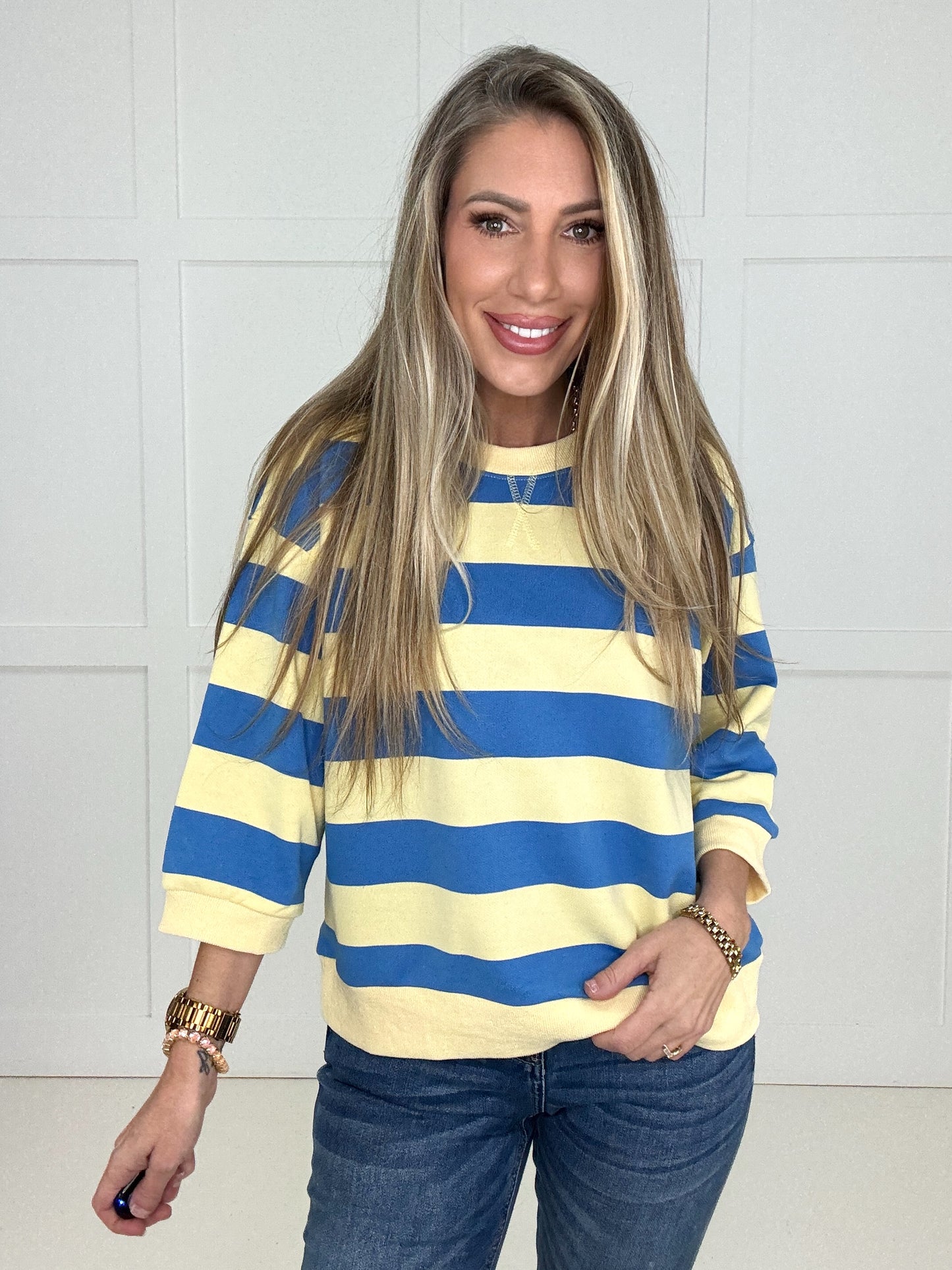 Blue/Yellow Boardwalk Breeze Pullover-160 Sweatshirts- Simply Simpson's Boutique is a Women's Online Fashion Boutique Located in Jupiter, Florida