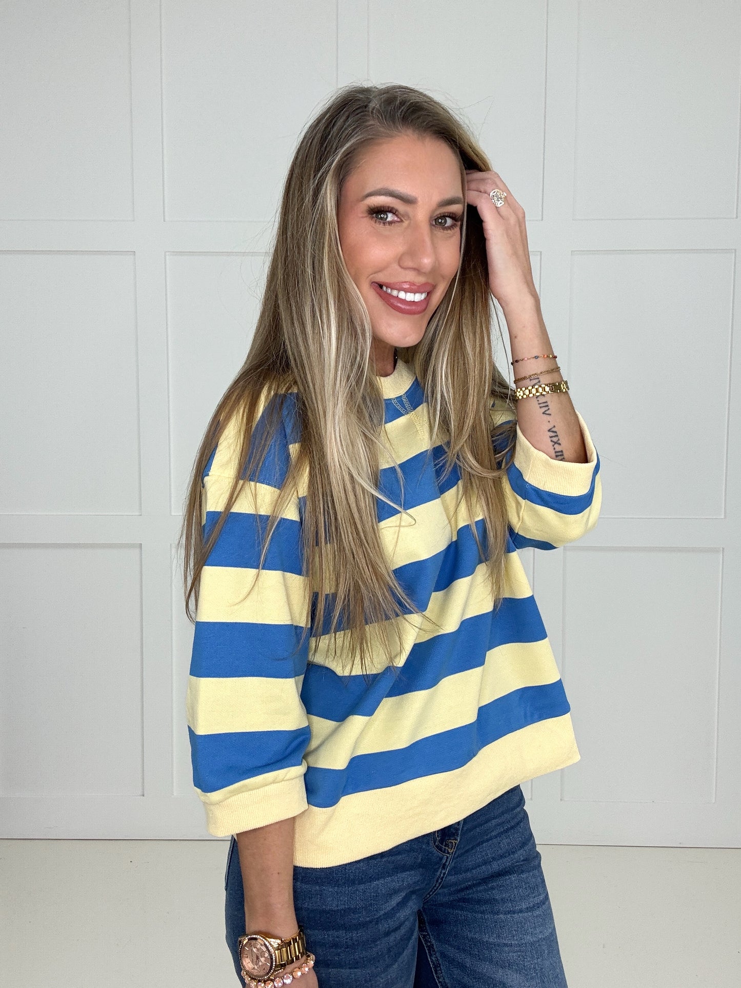 Blue/Yellow Boardwalk Breeze Pullover-160 Sweatshirts- Simply Simpson's Boutique is a Women's Online Fashion Boutique Located in Jupiter, Florida