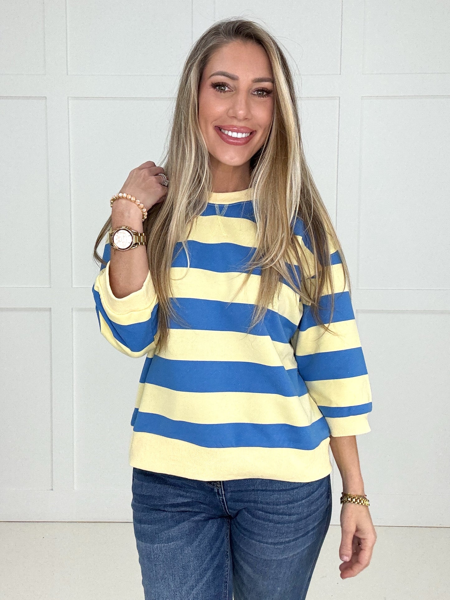 Blue/Yellow Boardwalk Breeze Pullover-160 Sweatshirts- Simply Simpson's Boutique is a Women's Online Fashion Boutique Located in Jupiter, Florida