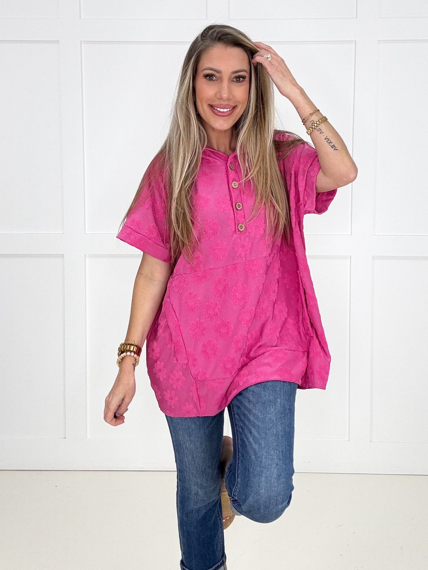 Pink Petal Pop Hoodie-100 Short Sleeves- Simply Simpson's Boutique is a Women's Online Fashion Boutique Located in Jupiter, Florida