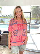 Flower Checkered Short Sleeve Sweater-100 Short Sleeves- Simply Simpson's Boutique is a Women's Online Fashion Boutique Located in Jupiter, Florida