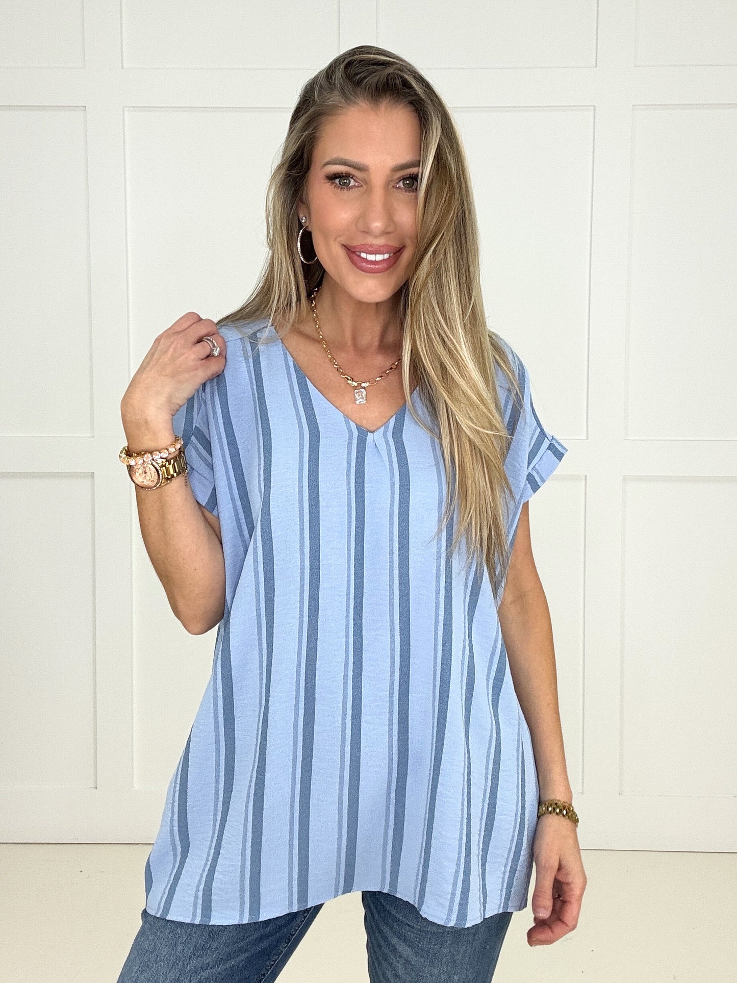 Blue Dayz Stripe Top-100 Short Sleeves- Simply Simpson's Boutique is a Women's Online Fashion Boutique Located in Jupiter, Florida