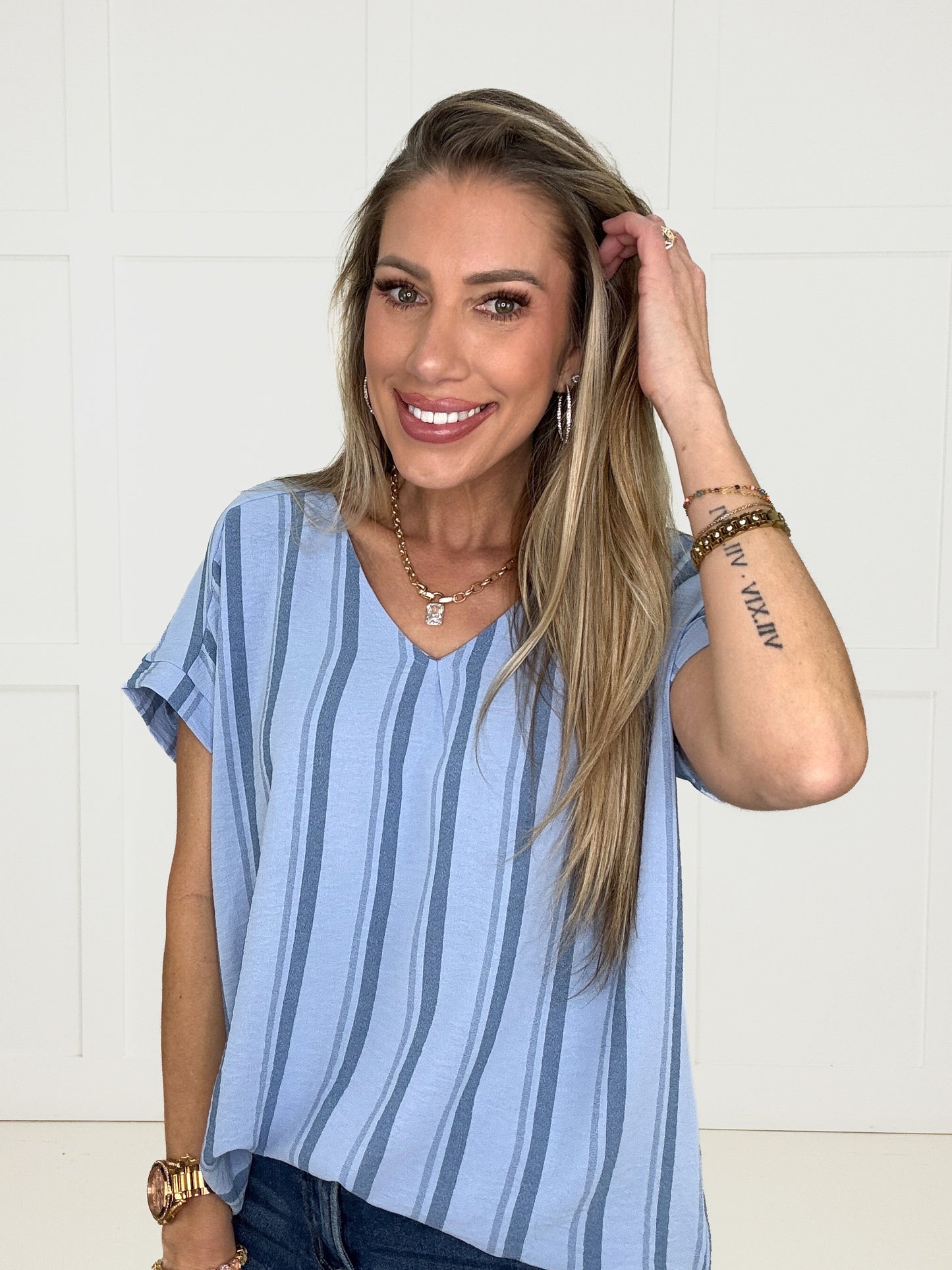 Blue Dayz Stripe Top-100 Short Sleeves- Simply Simpson's Boutique is a Women's Online Fashion Boutique Located in Jupiter, Florida