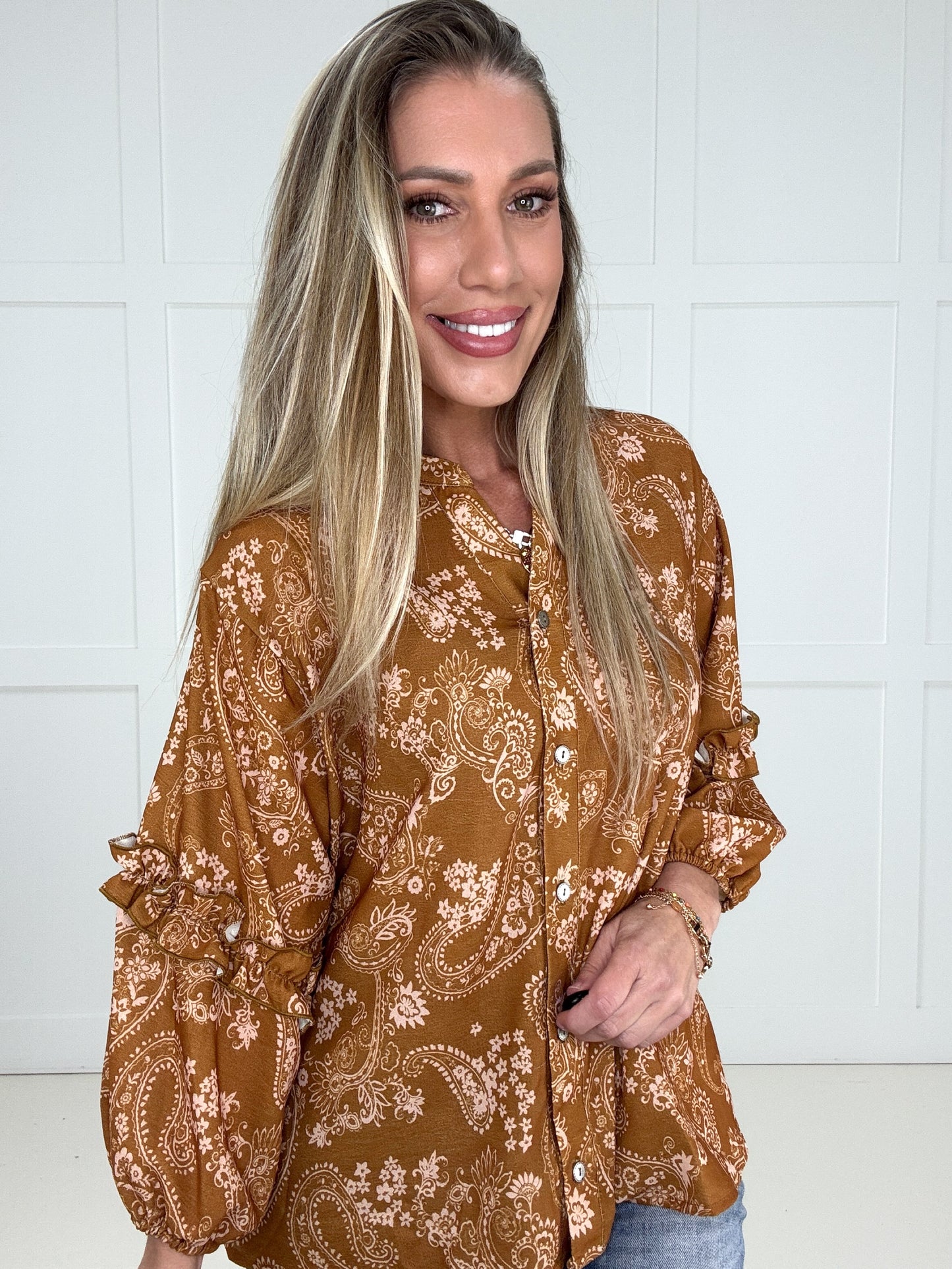 Cinnamon Skies Paisley Blouse-110 Long Sleeves- Simply Simpson's Boutique is a Women's Online Fashion Boutique Located in Jupiter, Florida