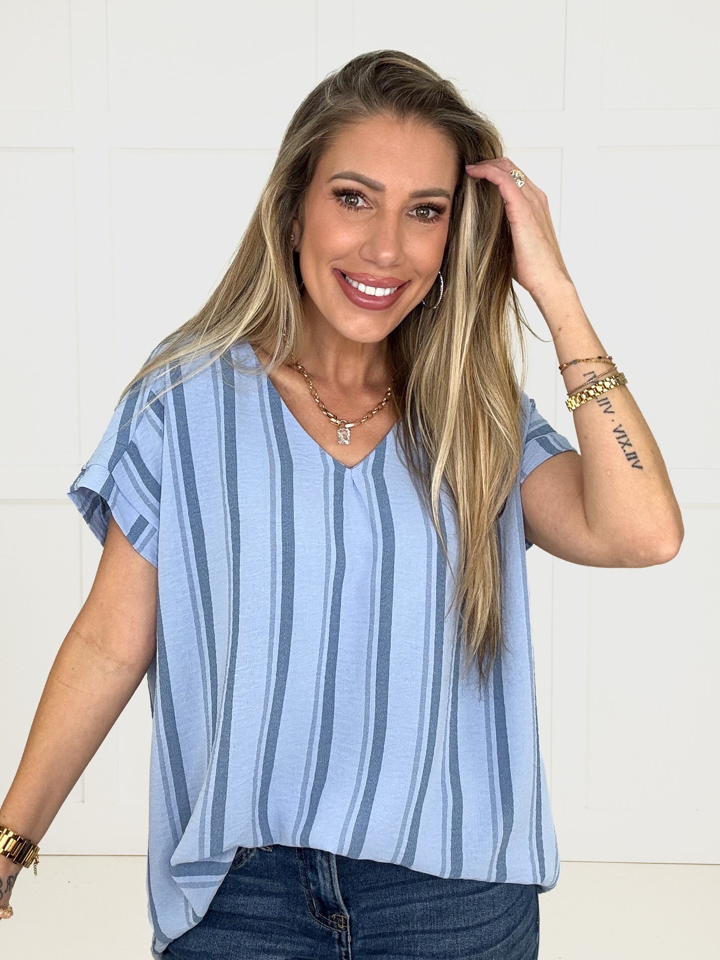 Blue Dayz Stripe Top-100 Short Sleeves- Simply Simpson's Boutique is a Women's Online Fashion Boutique Located in Jupiter, Florida